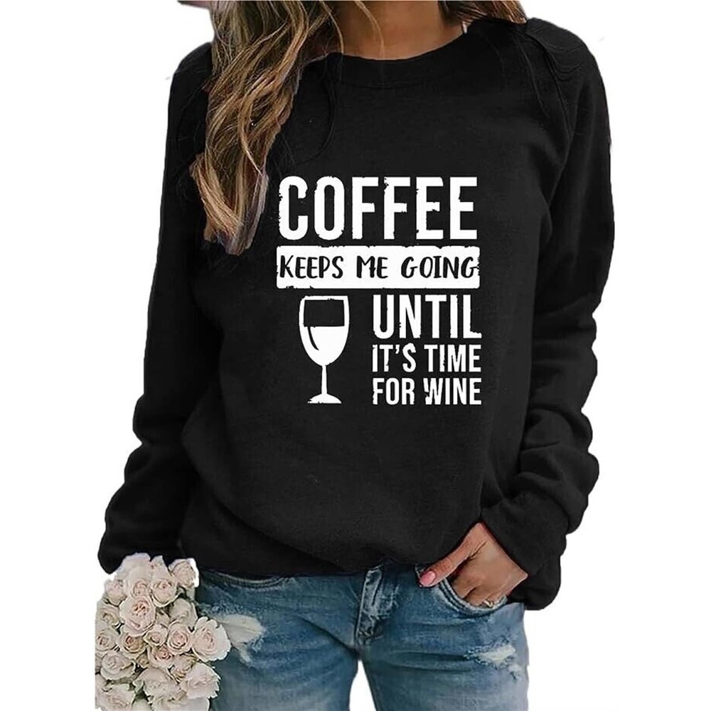 Women's Coffee Sweatshirt Cute Graphic 'Coffee Keeps Me Going' Top Size M Black